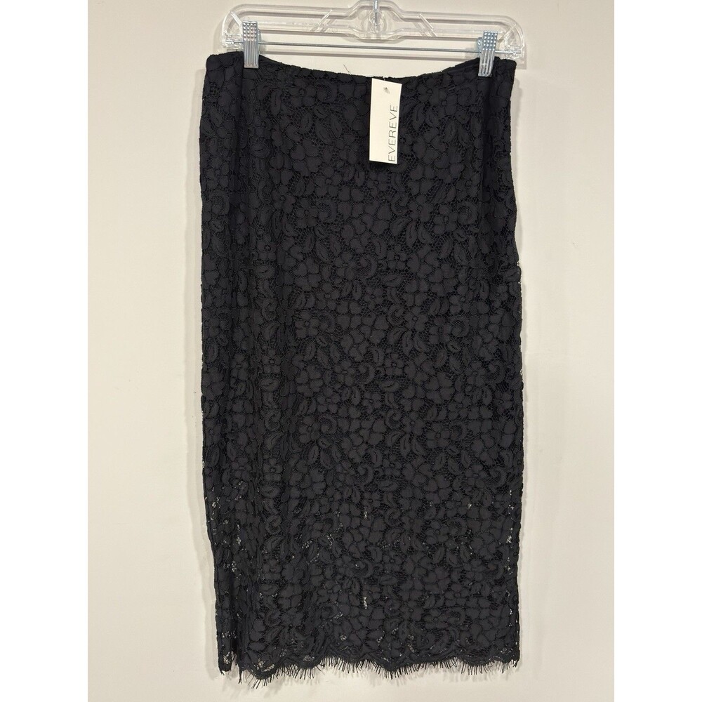 Evereve Women's Black Lace Midi Skirt Straight Pencil Classic Elegant Sz L NWT